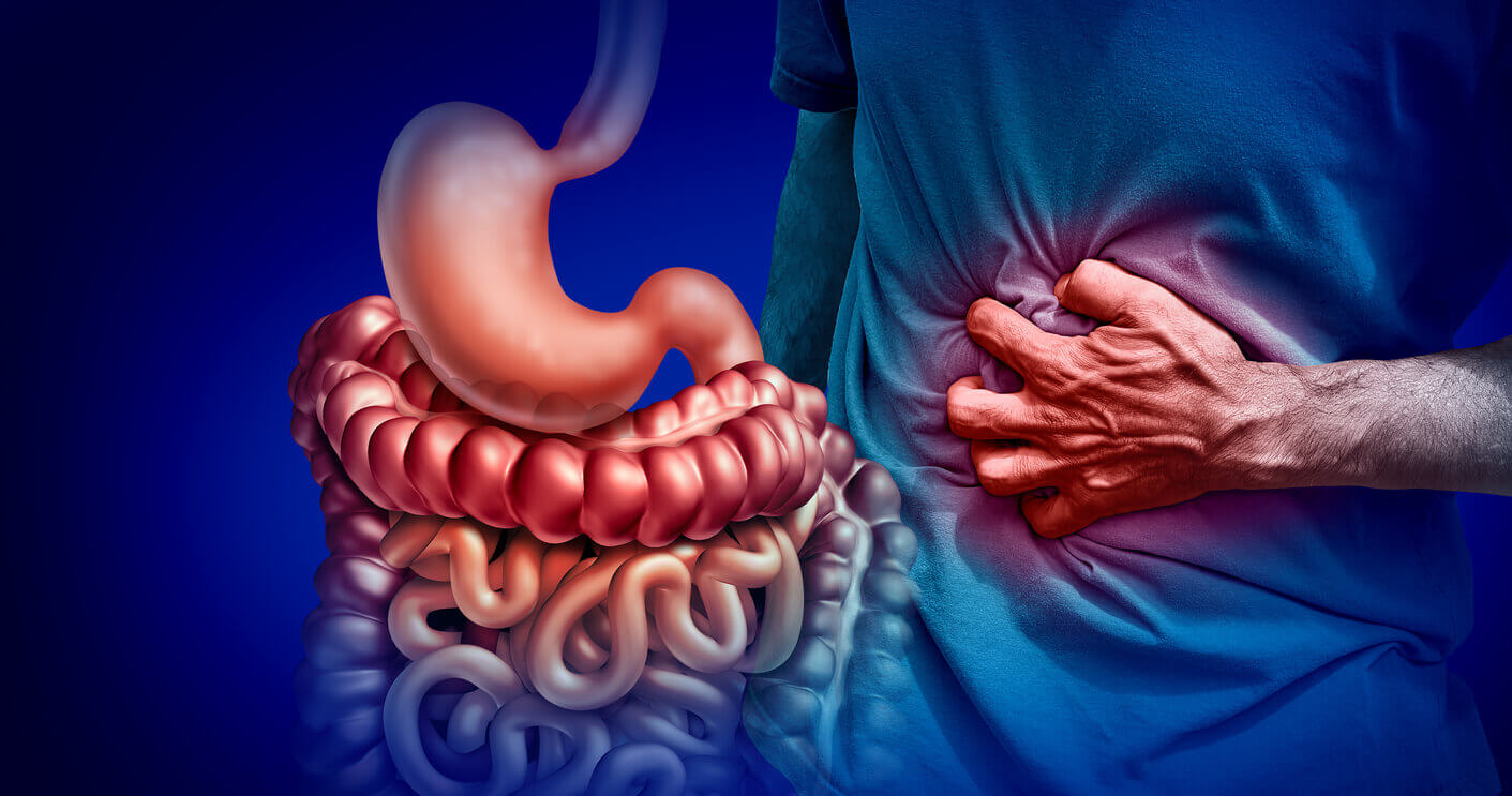 An illustration of the digestive tract alongside a man experiencing stomach pain, possibly due to Crohn's Disease, Irritable Bowel Syndrome, or Ulcerative Colitis.